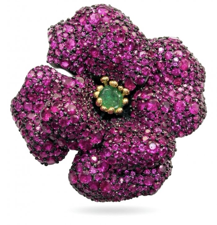 Black Label Collection - Retro Style - Rose Genuine 42.5 carat Ruby 2 tones .925 Sterling Silver dipped in rhodium handmade Pendant - Brooch - video