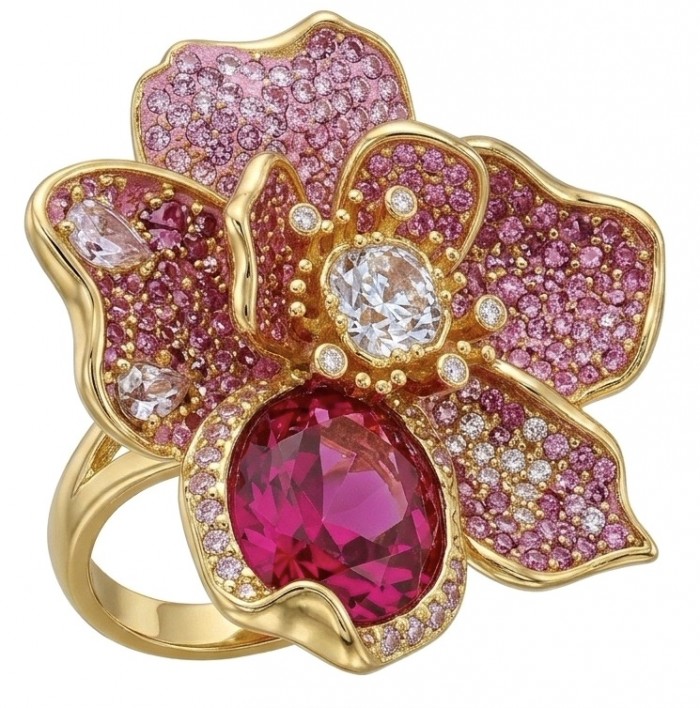Cherry Blossom 37.5 carat Pink Topaz 14K Gold over .925 Silver handcrafted Cocktail Ring s. 7