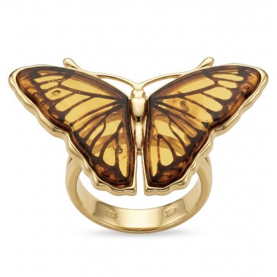 Butterfly Authentic Baltic Amber .925 Sterling Silver dipped in 18K Gold handcrafted ring; s. 7 adjustable