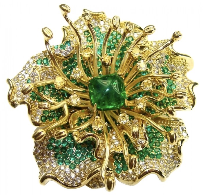 Nature-inspired piece - Amazonia - Green Rose - Genuine 42.5 carat Emerald 14K Gold over .925 Sterling Silver handmade Pendant - Brooch