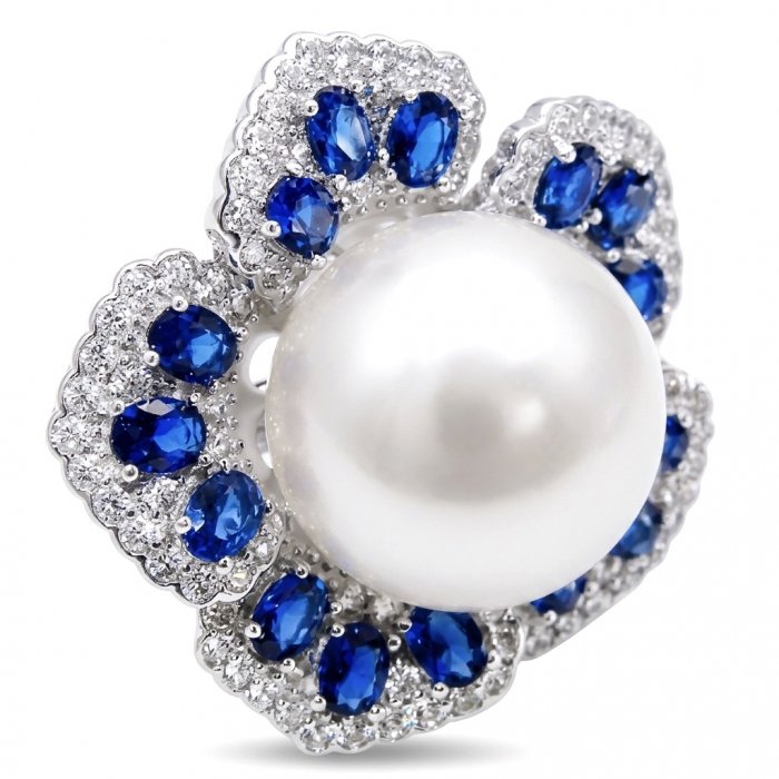 Luxurious Flower Large white Pearl 4.2 carat Sapphire Rhodium over .925 Sterling Silver brilliantly handcrafted ring s. 6 1/4 - video