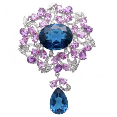An exuberantly Large 141.8 carats Vintage style London Blue Topaz .925 Sterling Silver DIPPED IN RHODIUM handmade LARGE Pendant - Brooch