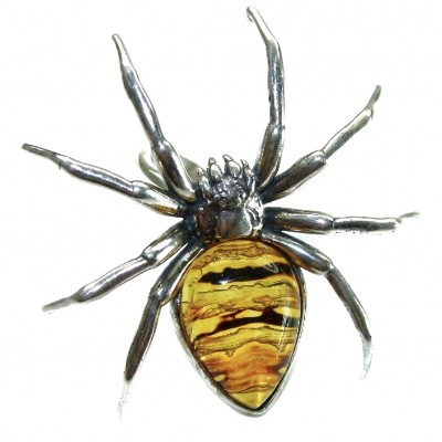LARGE Golden Spider Authentic Baltic Amber .925 Sterling Silver handcrafted ring; s. 7 adjustable