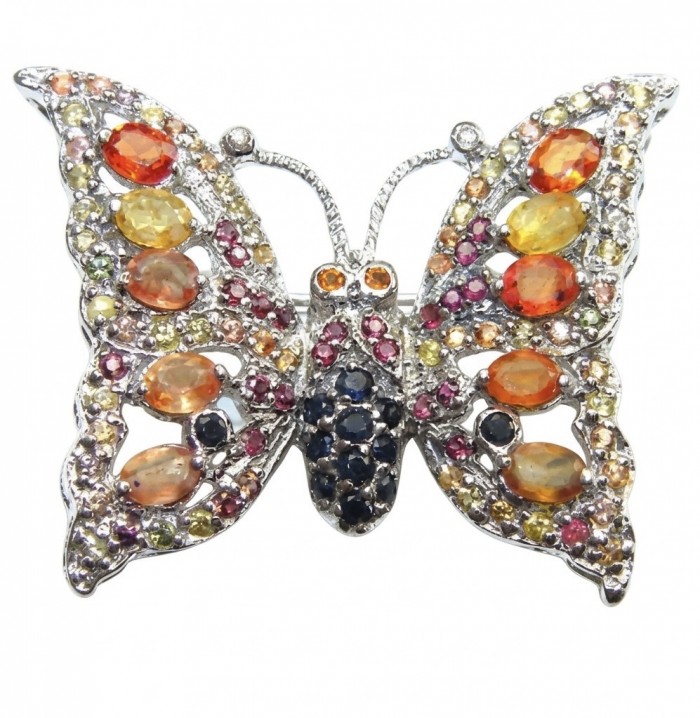 Butterfly authentic 9.8 carat multicolor Sapphire .925 Sterling Silver handmade Pendant Brooch