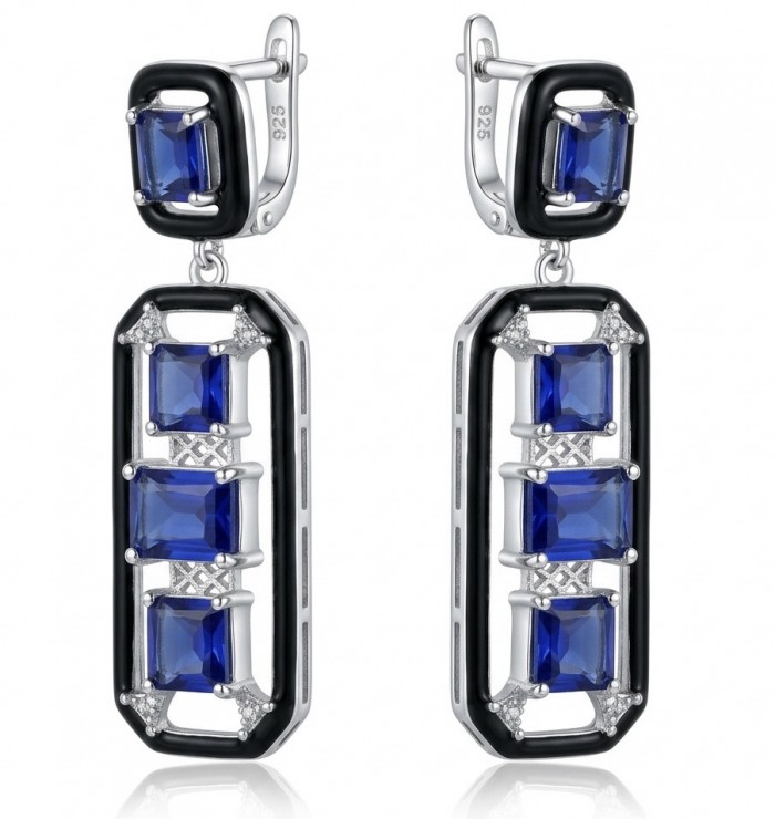 Art Deco 11.5 carat Sapphire black enamel .925 Sterling Silver handcrafted earrings