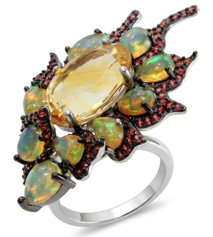 Giovanna 9.2 carat Brazilian Citrine 5.2 carat Australian Fire Opal .925 Sterling Silver dipped in rhodium handcrafted ring; s. 7 1/4 - video
