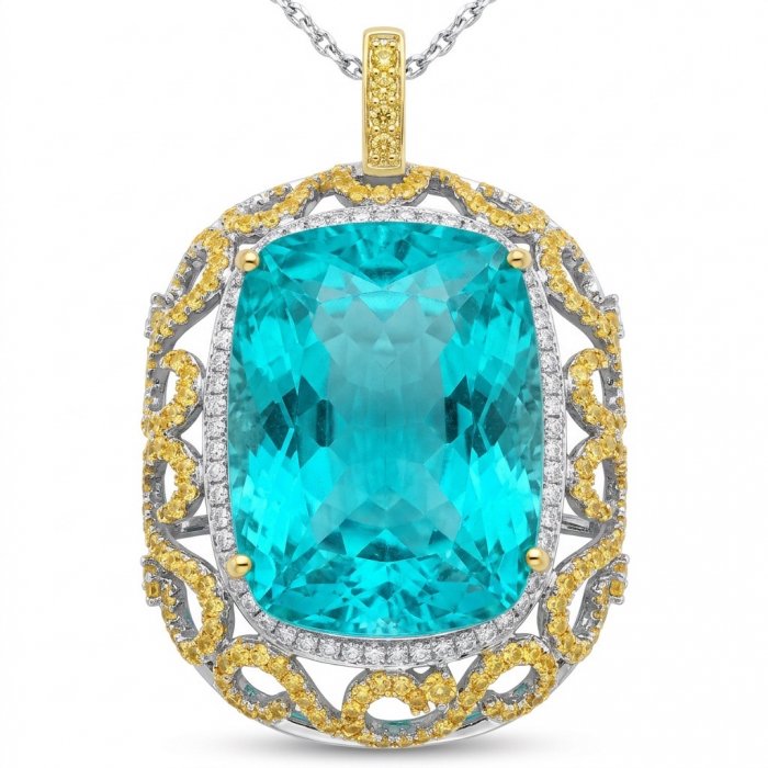PARADISE FOUND Authentic baquette 44.7 carat Paraiba Tourmaline rhodium over .925 Sterling Silver handmade STATEMENT necklace - video