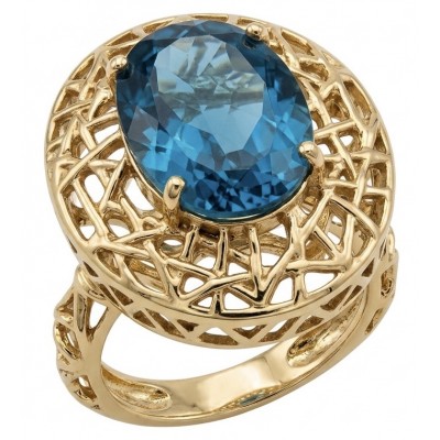 Blue Treasure genuine 10.5 carat London Blue Topaz 14K Gold over .925 Sterling Silver handmade Statement Ring size 6