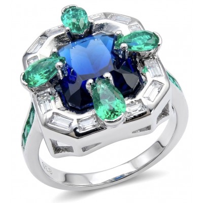 Art Deco 8.6 ctw Sapphire Emerald .925 Sterling Silver handcrafted Statement Ring size 8