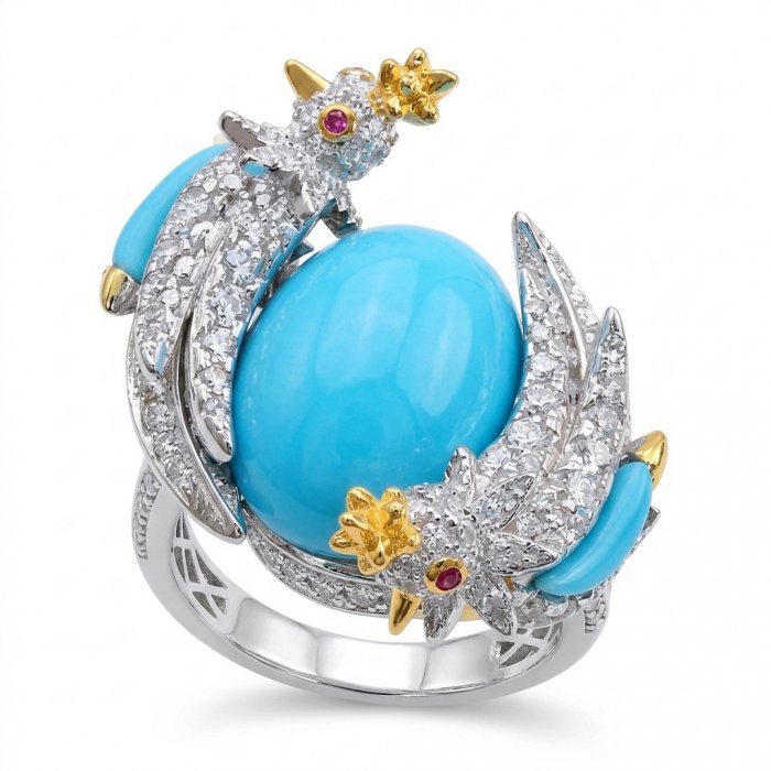 Birds on a Rock 0.7 carat Lab Grown Diamond genuine Sleeping Beauty Turquoise Ring in .925 Sterling Silver partially plated with 22K Gold size 7 - video
