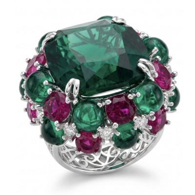 Natural 41.5 carat carved Emerald Ruby Sapphire rhodium over .925 Sterling Silver handcrafted ring size 7 1/4