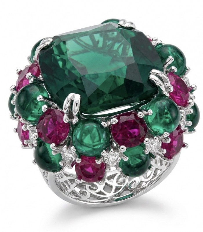 Natural 41.5 carat carved Emerald Ruby Sapphire rhodium over .925 Sterling Silver handcrafted ring size 7 1/4