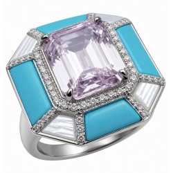 Emily - Art Deco -Precious genuine 10.2 carat Kunzite inlay Turquoise .925 Sterling Silver handcrafte Cocktail Ring s. 6 1/4