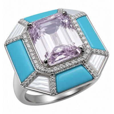 Emily - Art Deco -Precious genuine 10.2 carat Kunzite inlay Turquoise .925 Sterling Silver handcrafte Cocktail Ring s. 6 1/4