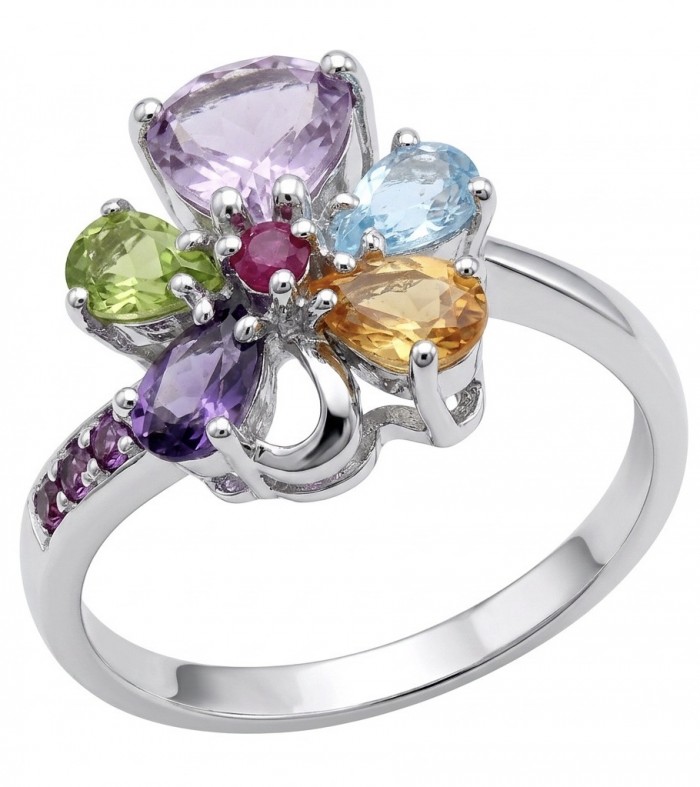 Flower 6.8 carat Multigem rhodium over .925 Sterling Silver Handcrafted Ring size 9