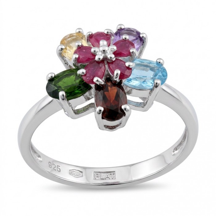 Flower 6.8 carat Multigem rhodium over .925 Sterling Silver Handcrafted Ring size 7
