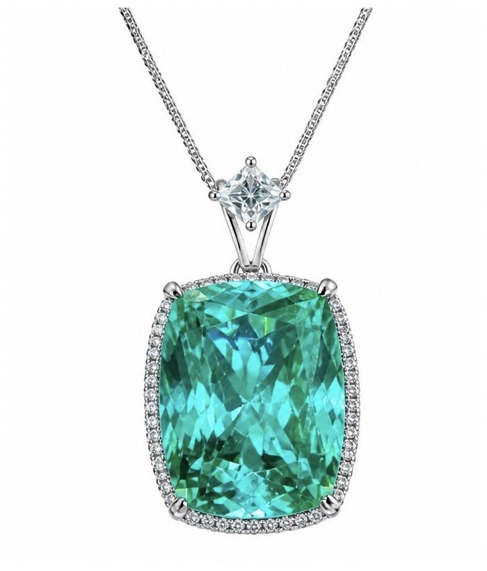 Brazilian's Briliance - emerald cut 31.7 carat Paraiba Tourmaline .925 Sterling Silver handcrafted necklace
