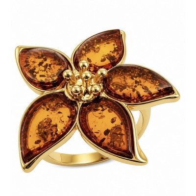 Golden Flower Authentic Baltic Amber 18K Gold over .925 Sterling Silver handcrafted ring; s. 7 adjustable