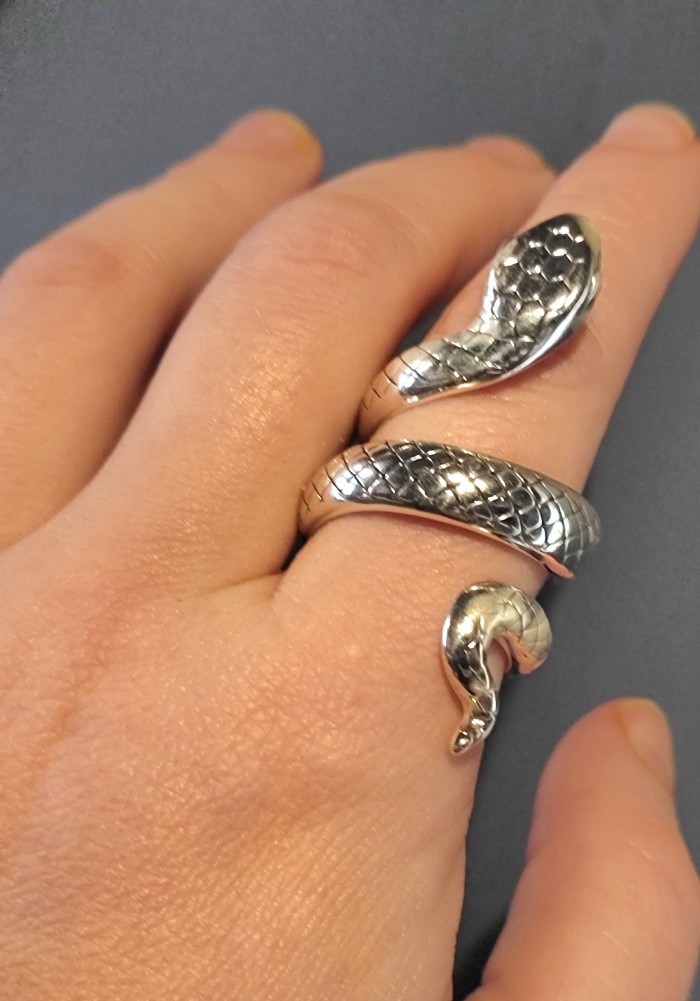 Large Boa Snake .925 Sterling Silver handcrafted Statement SPINAL Ring size 6 - Sterling silver snake ring worn on hand, detailed side view.