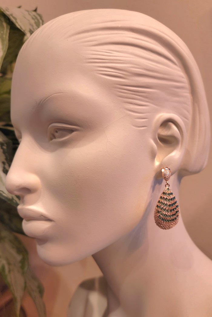 18.8 carat Emerald 18K Rose Gold over .925 Sterling Silver handmade Statement LONG Earrings - Earring side view on mannequin, 18.8 carat emerald, 18K rose gold.