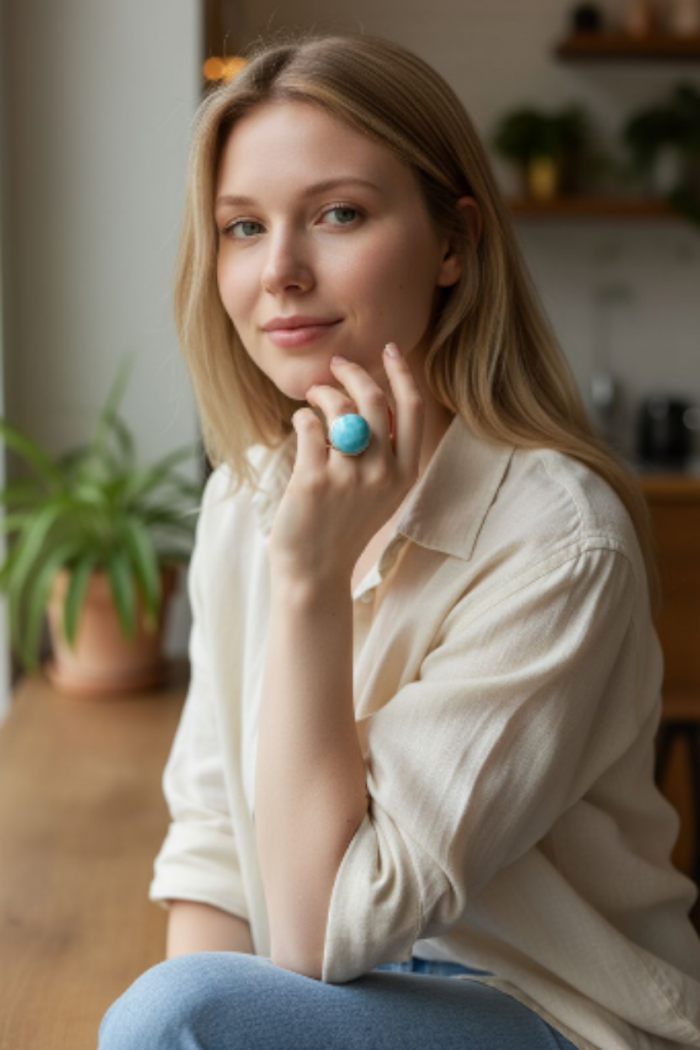Caribbean Beauty 29.5 carat Genuine perfectly Blue Larimar .925 Sterling Silver handmade LARGE ring size 8 adjustable - Worn on hand: Caribbean Beauty 29.5 carat Blue Larimar ring.