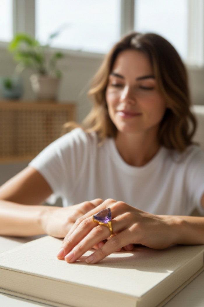 Purple Royalty 25.5 carat Amethyst .925 Sterling Silver dipped in 18K Gold over Handcrafted Ring size 8 - Amethyst ring worn on hand, showcasing the gemstone's triangular cut.