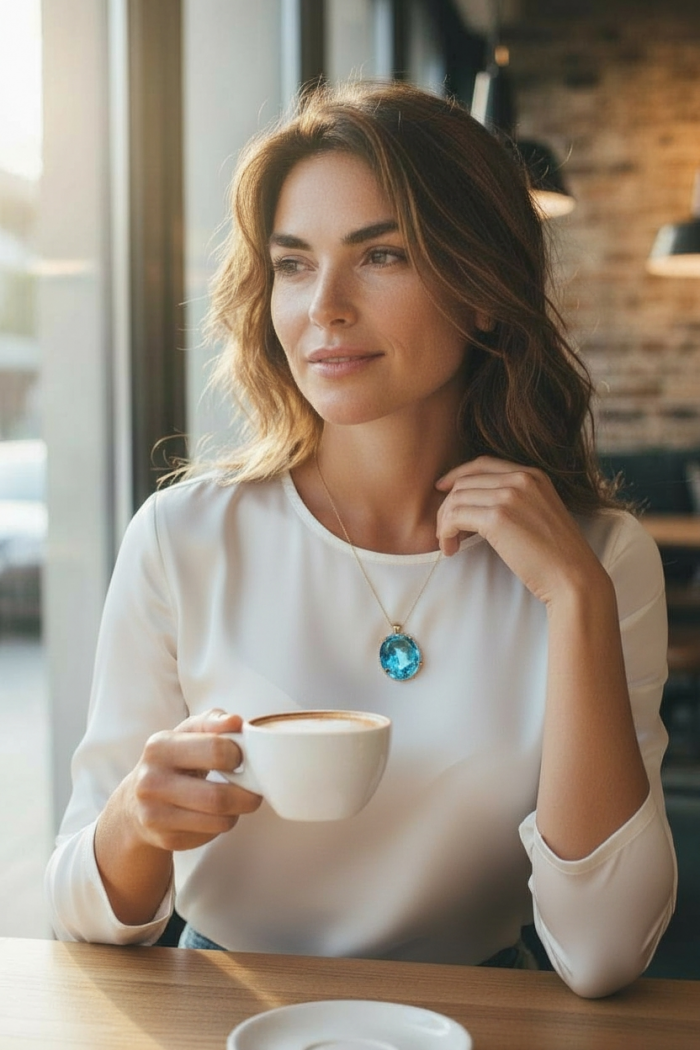 Atlantica oval cut 18.9 carat Swiss Blue Topaz 18K Gold over .925 Sterling Silver Handcrafted Pendant - Worn Swiss Blue Topaz pendant on 18K gold chain, person holding a cup