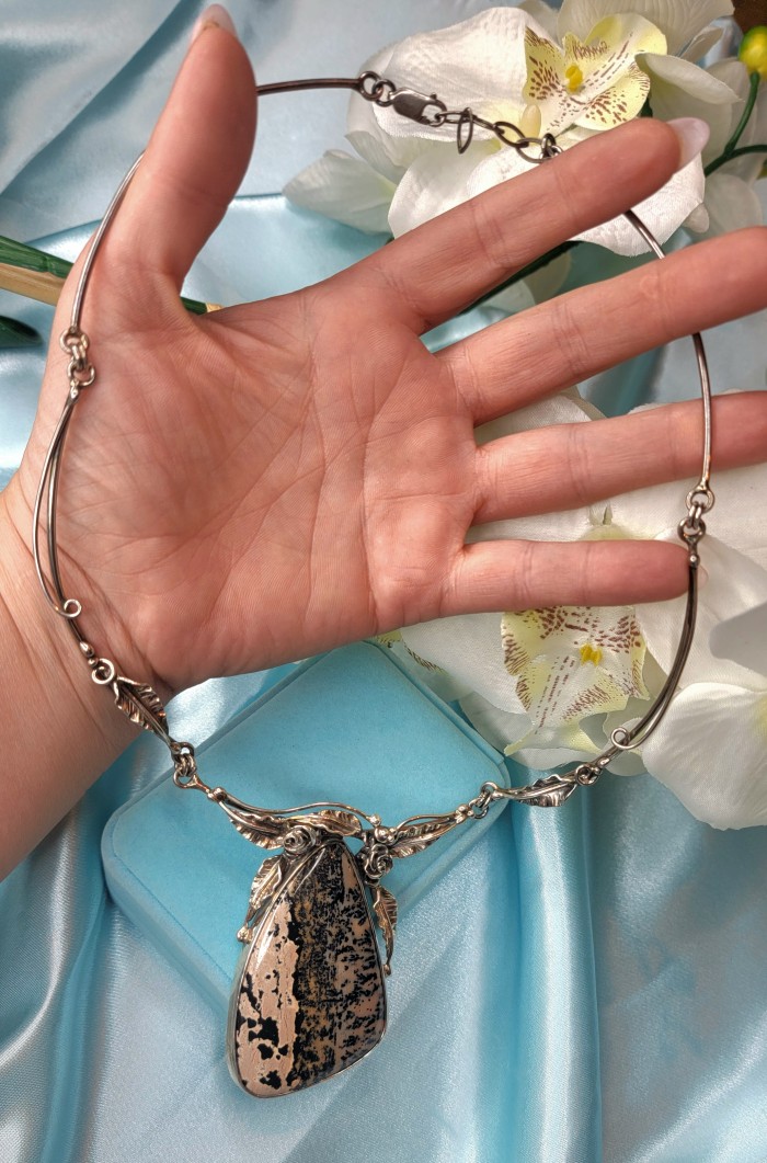 Nature Inspired genuine Ocean Jasper .925 Sterling Silver handmade necklace - Nature-inspired Ocean Jasper necklace on open hand, clasp detail.
