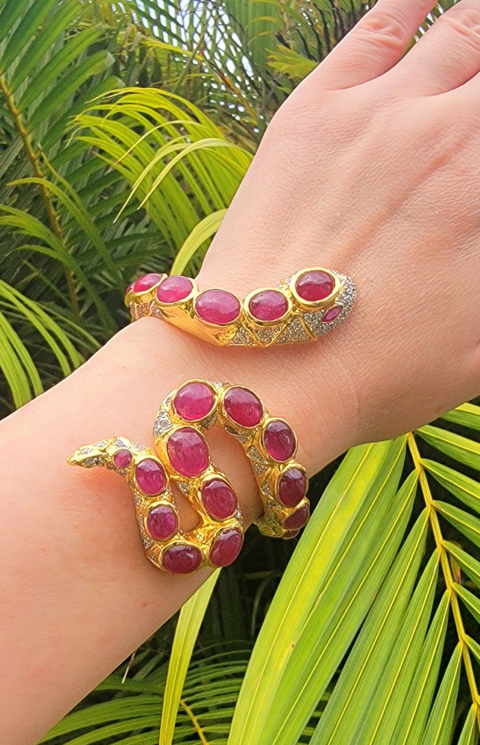 Huge Snake Genuine Kashmir Ruby 18K Gold over .925 Sterling Silver handcrafted Bracelet - photo 2