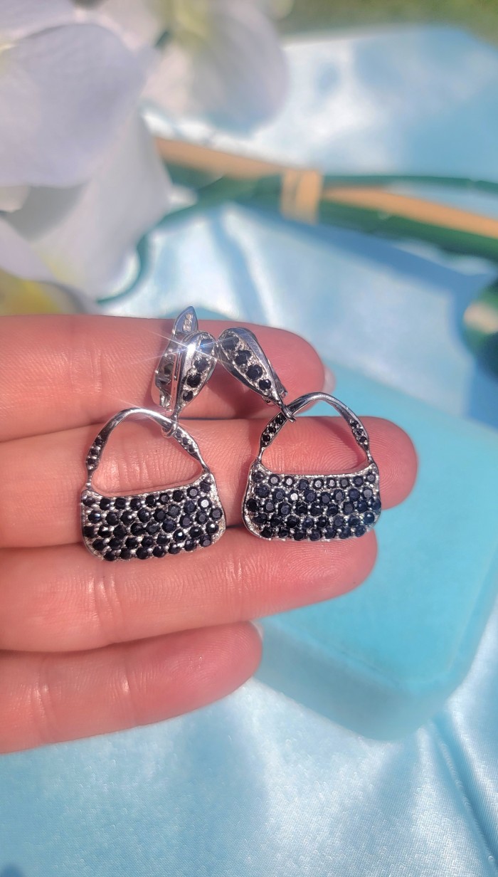 Luxurious BlueBags authentic 10.8 carat Sapphire black rhodium .925 Sterling Silver handcrafted earrings - Close-up of Luxurious BlueBags earrings with sapphire stones.