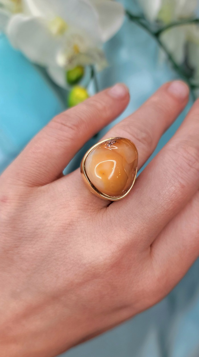 Inner Fire best quality 21.4 carat Mexican Opal 18K Gold over .925 Sterling Silver handmade ring 7 adjustable - Opal ring in 18K gold worn on hand, showcasing stone close-up.
