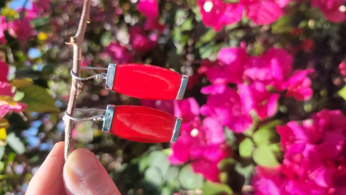 Large Genuine Red Fossilized Coral .925 Sterling Silver handmade earrings - photo 1