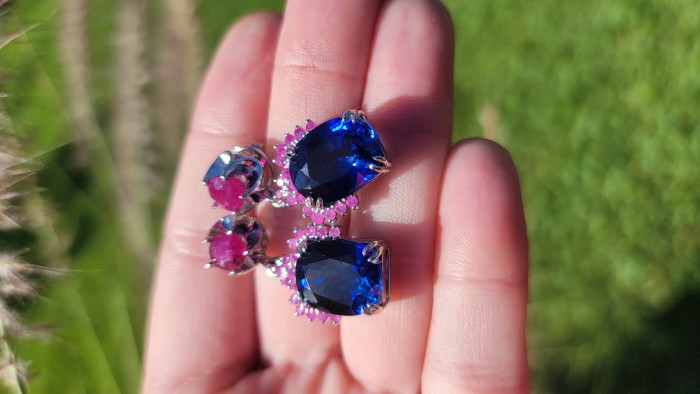 Deep Ocean 24.5 carat London Blue Topaz Ruby .925 Sterling Silver handmade earrings - Close-up of earrings: London Blue Topaz and Ruby on Sterling Silver.