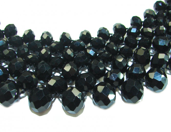 Rare Unusual Natural Spinel .925 Sterling Silver NECKLACE - Close-up of faceted black spinel beads in sterling silver necklace.