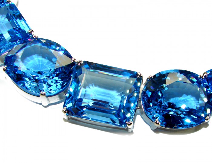 Pacifica 265.5 carat Swiss Blue Topaz .925 Sterling Silver handmade Large Statement necklace, 262.5 grams - Close-up of Pacifica Swiss Blue Topaz necklace stones in sterling silver
