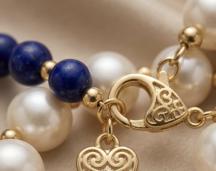 Boho Style Lapis Lazuli Pearl 10K Gold over .925 Sterling Silver handmade necklace - Clasp detail of Boho Lapis Lazuli Pearl 10K Gold over Sterling Silver.