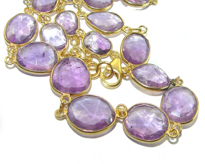 Purple Rose authentic 59.8 carat authentic Amethyst 14K Gold over .925 Sterling Silver handcrafted Station necklace - Close-up of amethyst stones in gold settings; clasp detail visible.