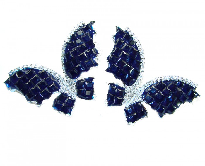 Magnificent Jewel Sapphire Butterflies .925 Sterling Silver handcrafted incredible earrings - Sapphire butterfly earrings front view with silver accents.