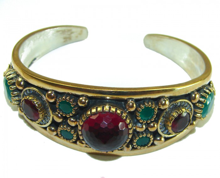 Victorian Style 22.5 carat Ruby Emerald & White Topaz .925 Sterling Silver Bracelet / Cuff - Victorian style bracelet with ruby and emerald, side angle view.