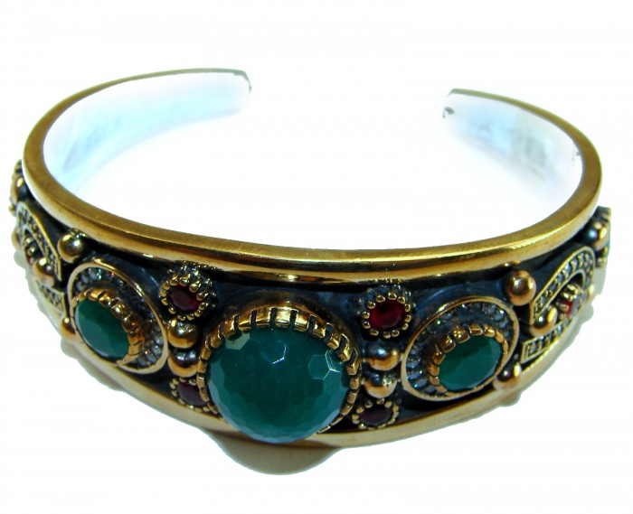 Victorian Style 22.5 carat Emerald Ruby & White Topaz .925 Sterling Silver Bracelet / Cuff - Victorian-style bracelet side view with emerald, ruby, and topaz stones