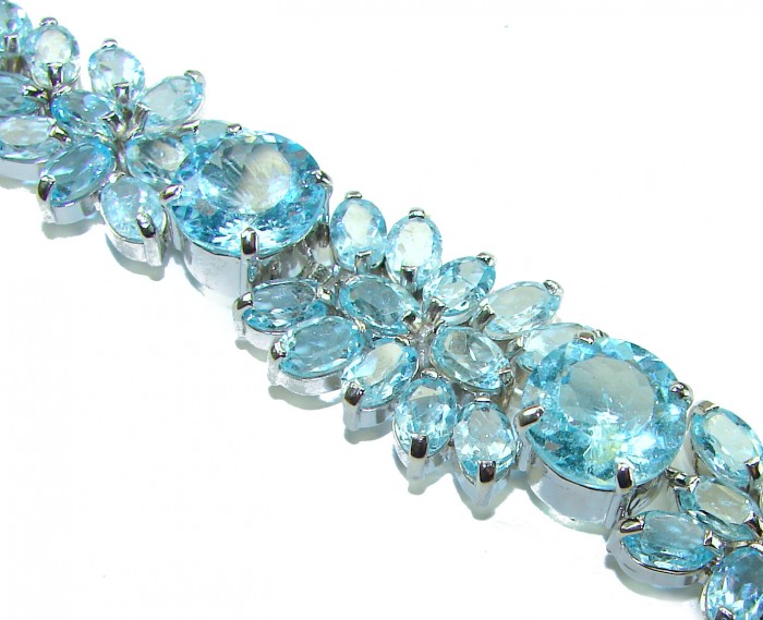 Pacifica 105.5 carat Swiss Blue Topaz .925 Sterling Silver handmade Statement Bracelet - Close-up of Swiss Blue Topaz bracelet in sterling silver settings