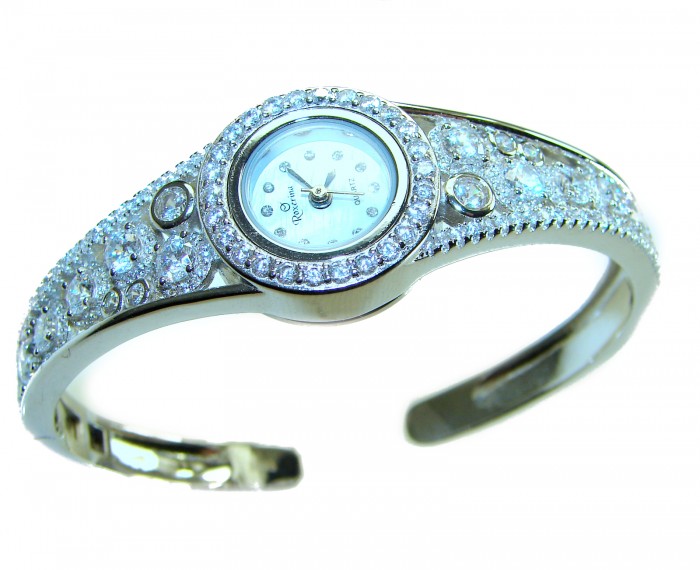 Precious Time Authentic 33.2 carat White Topaz .925 Sterling Silver handmade Bracelet Watch - Side view of Precious Time watch with white topaz and sterling silver.