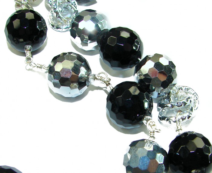 34 inches authentic Onyx Crystal .925 Sterling Silver handmade Station Necklace - Close-up of faceted black and silver beads in necklace detail.