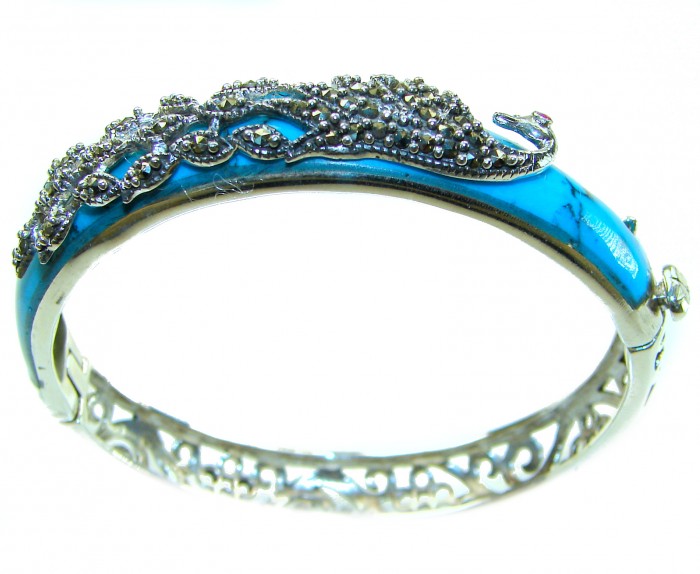 Precious Peacock natural inlay Turquoise Marcasite .925 Sterling Silver Luxury Bracelet - Side view of Precious Peacock turquoise and marcasite bracelet.