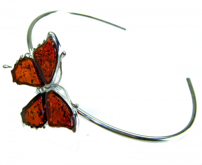 Golden Butterfly Genuine carved Baltic Amber .925 Sterling Silver dipped in 18K Gold handamde Bracelet - Silver bracelet with amber butterfly design, side view.