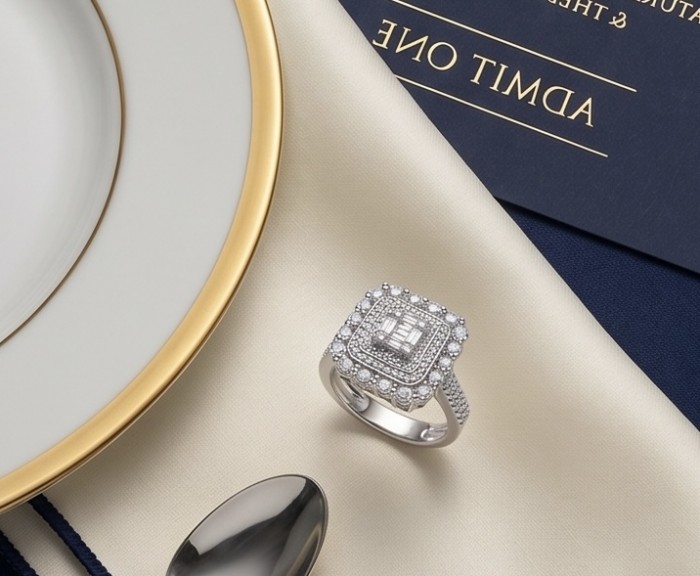 Esmeralda - Precious 8.5 carta White Topaz rhodium over .925 Sterling Silver Statement ring size 7 1/2 - Ring with double halo design next to a plate and invitation card.