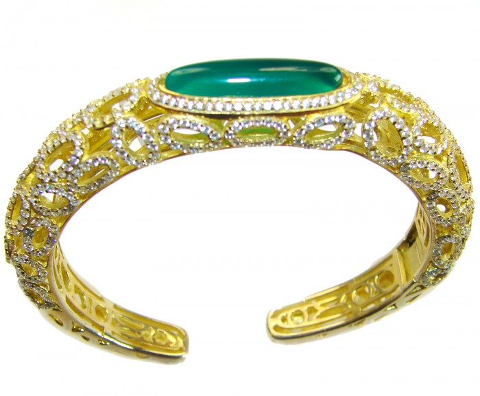 Luxurious Genuine 11.5 carat Jade 18K Gold over .925 Sterling Silver handmade Bracelet - Luxurious jade bangle, side view, 18K gold with diamond accents.