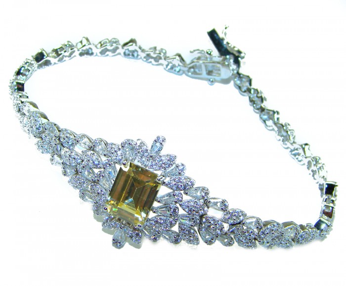 Vintage Beauty Authentic 44.5 carat Brazilian Citrine .925 Sterling Silver handcrafted Bracelet - Close-up of vintage bracelet, featuring a large citrine and diamond accents.