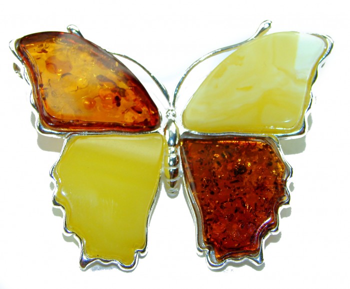 Golden Butterfly BUTTERSCOTCH Baltic Polish Amber .925 Sterling Silver handcrafted Pendant / Brooch - Butterfly brooch with amber stones, top view.