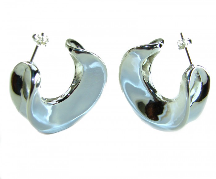 LARGE - EXTRAVAGANZA - Highly Polished Fancy .925 Sterling Silver Italy made Earrings - Front view of large polished sterling silver hoop earrings.
